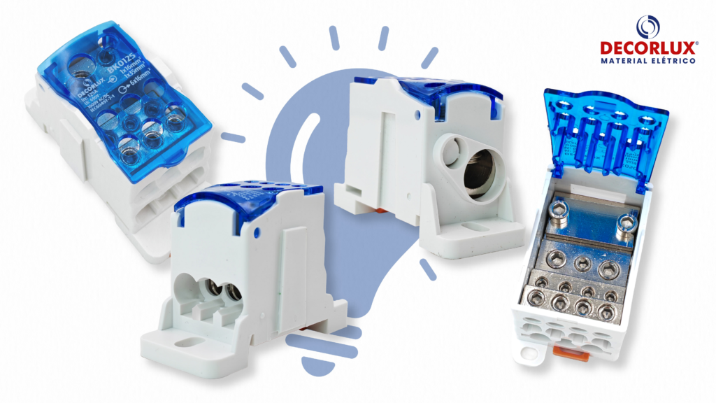 Bloco de distribuição tipo UKK da Decorlux para conexão elétrica modular e segura em painéis de automação e quadros industriais.